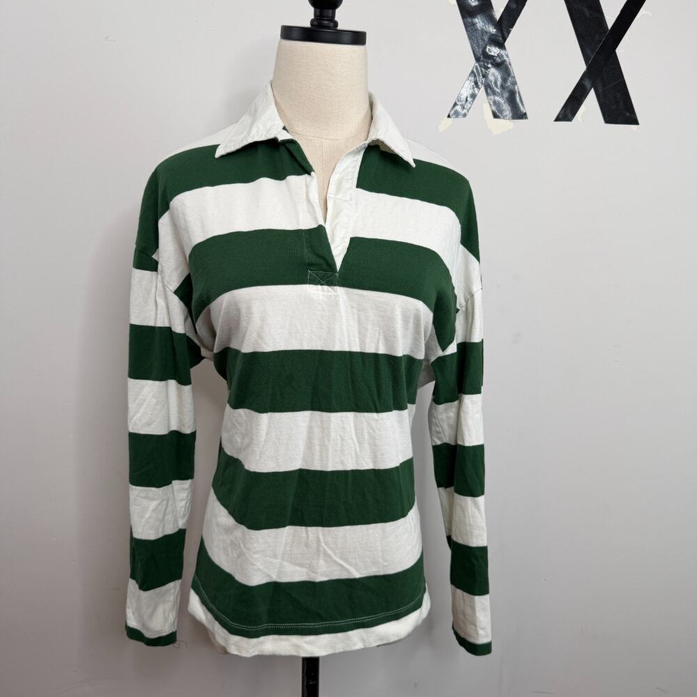 Vintage Green White Bold Stripe Rugby Polo Collared Long Sleeve Pullover Top S